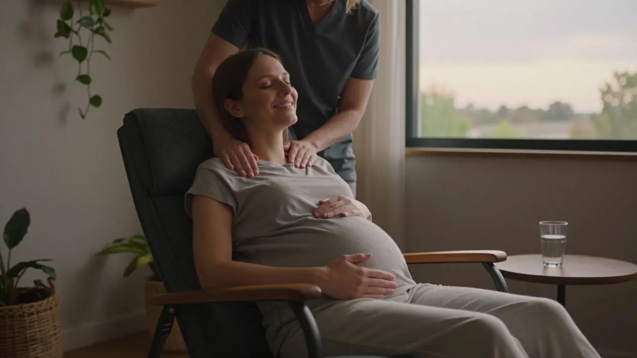 Těhotná žena sedí v klidné místnosti, kde jí maséřka jemně masíruje ramena a krk, s výrazem uvolnění a klidu.