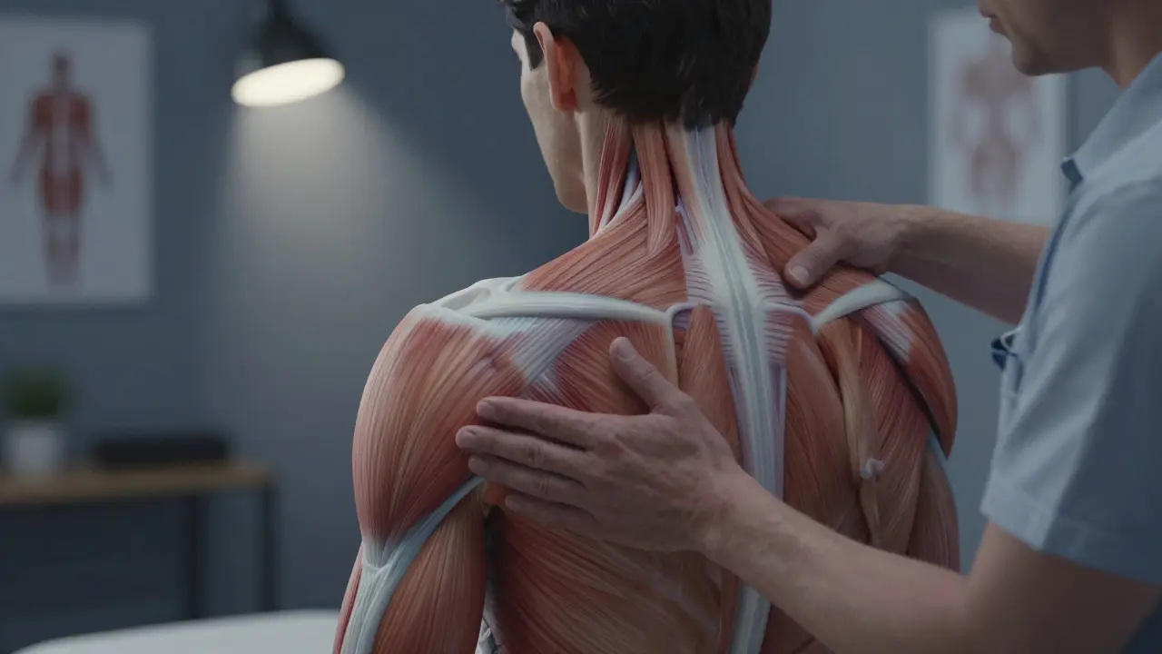 Terapeut aplikuje myofasciální uvolňování na rameno a hrudní páteř klienta.