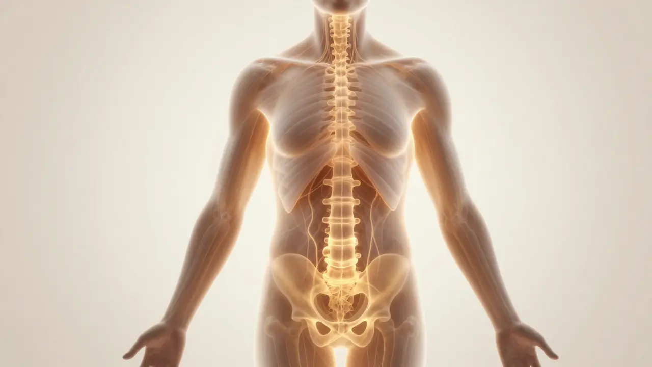 Translucentní vrstvy fascie v těle vyzařují vlny energie od pánve k krku.