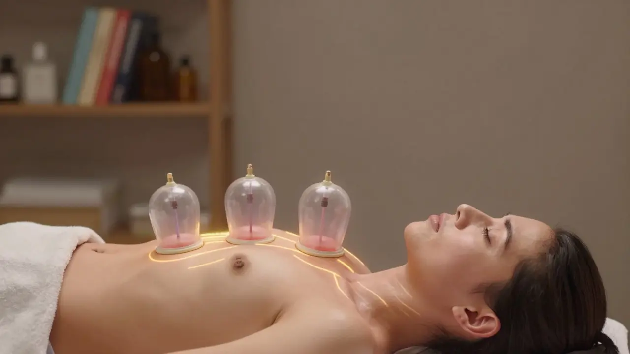 Tři klíčové oblasti pro baňkování při bolesti hlavy: krk, zátluk a čelo, s jemnými zářivými čárami krevního oběhu.