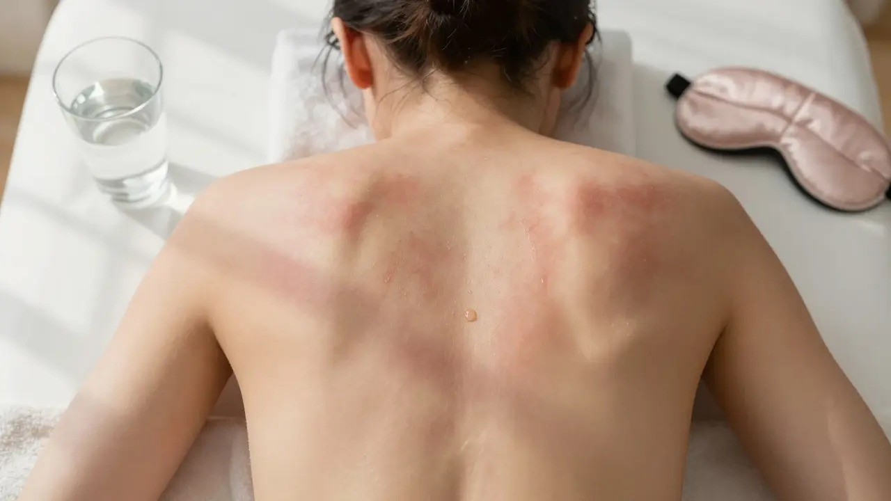 Záda a ramena po vakuoterapii s mírně zčervenalou kůží, klidná atmosféra a příznaky hluboké relaxace.