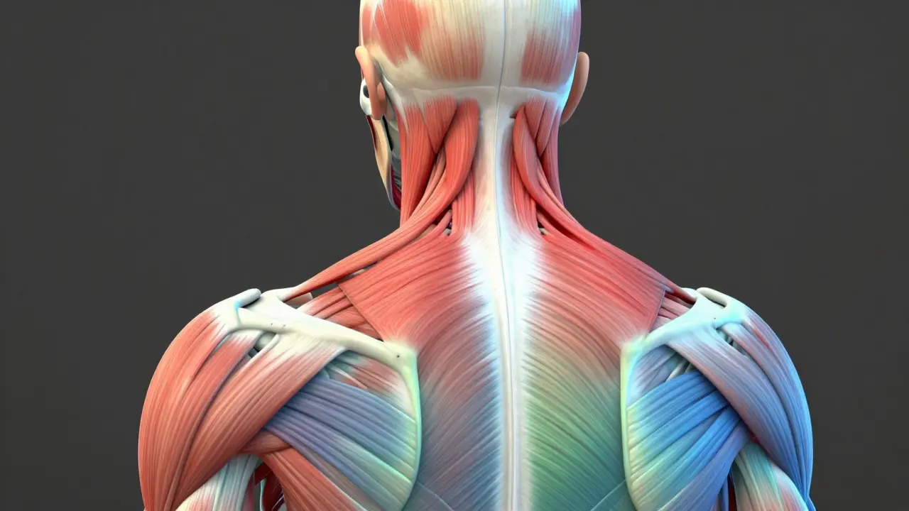 Anatomická ilustrace svalů krku s červenými body napětí.