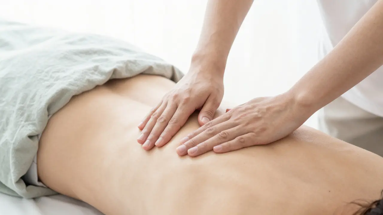 Detail jemného tlaku terapeuta na reflexní bod při Dornově metodě.