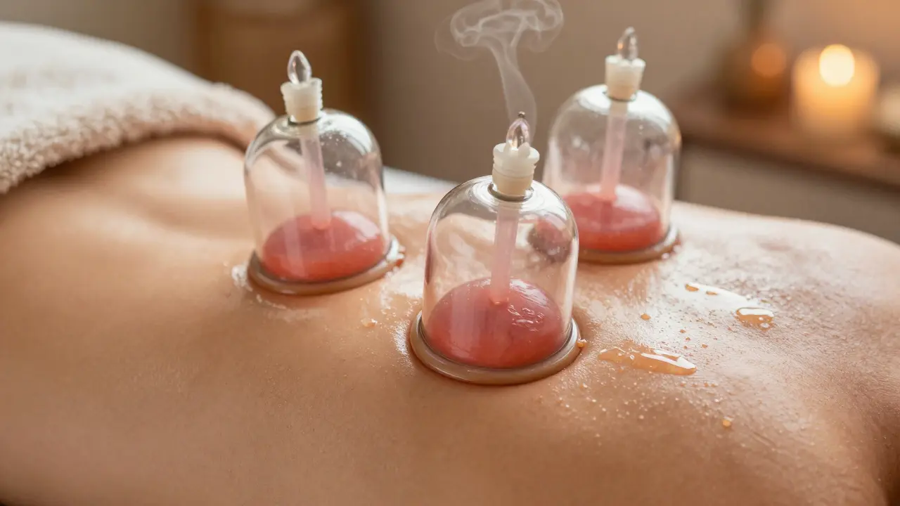 Detail skleněné baňky klouzající po olejované kůži zad s viditelným prokrvením.