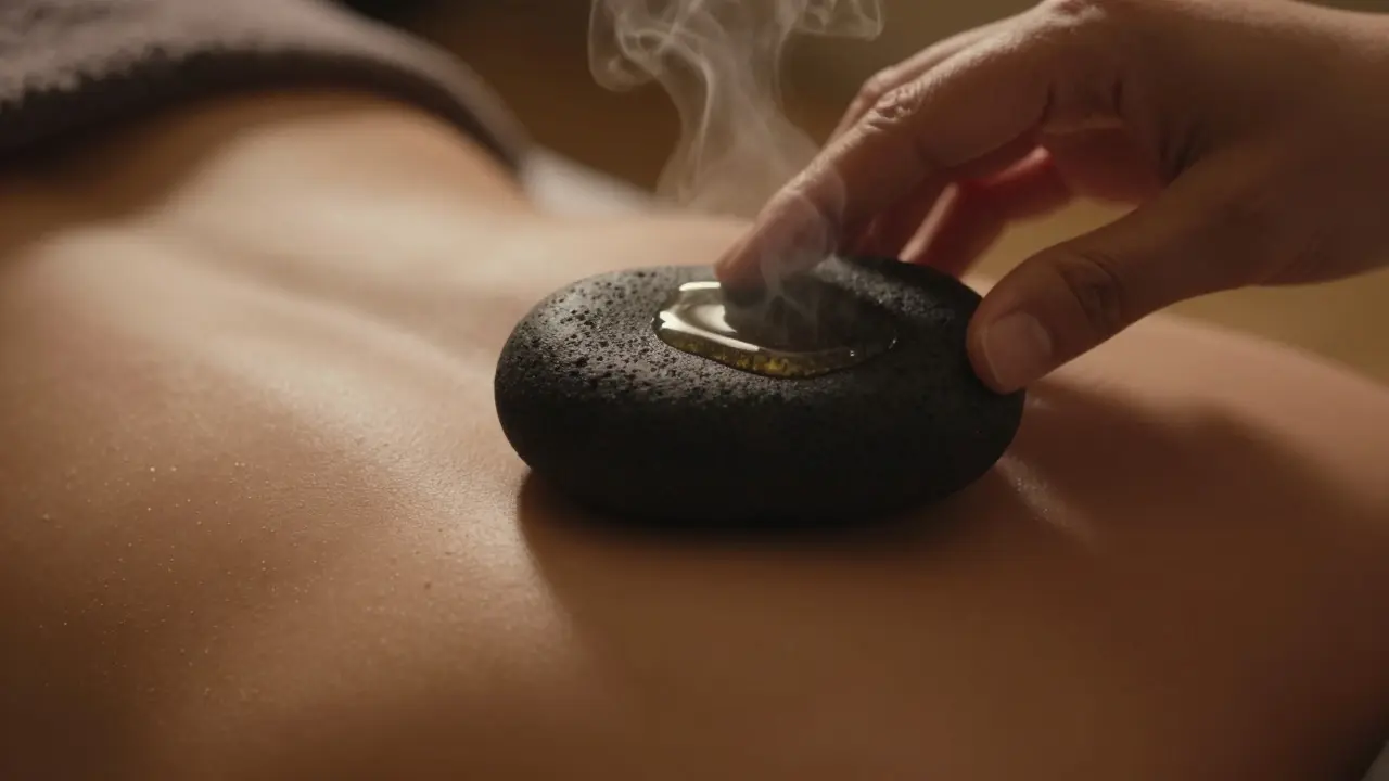 Detail teplého lávového kamene přilopeného k čelu pro hloubkové uvolnění svalů.