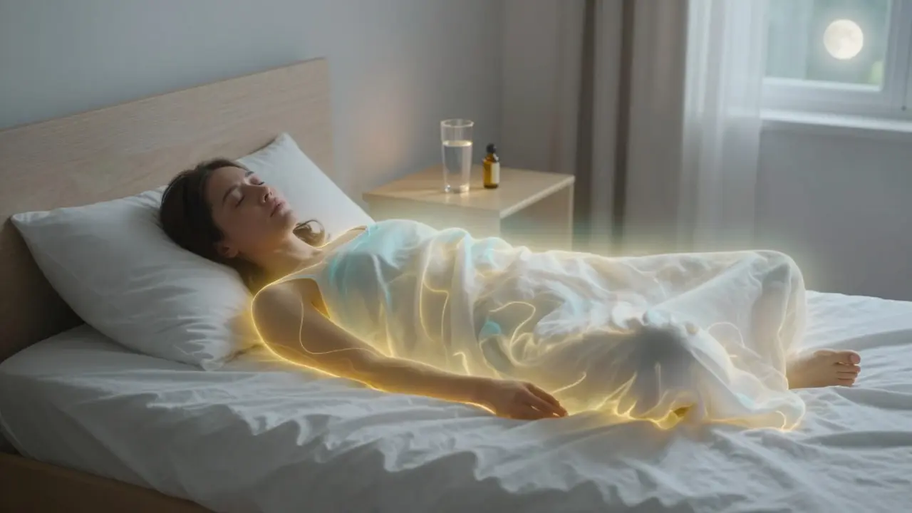 Klidně spící osoba v lehké, snové atmosféře symbolizující hluboký odpočinek.