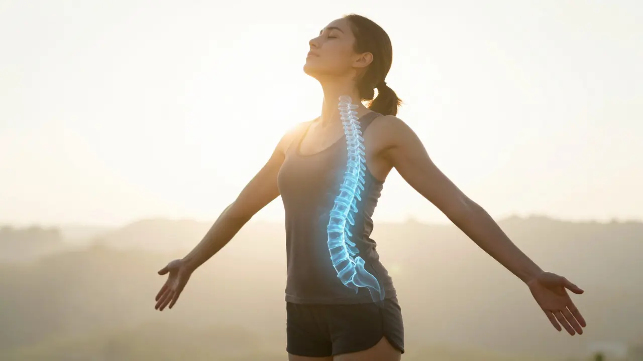 Osvícená silueta člověka pocitově uvolněné a vyrovnané páteře.