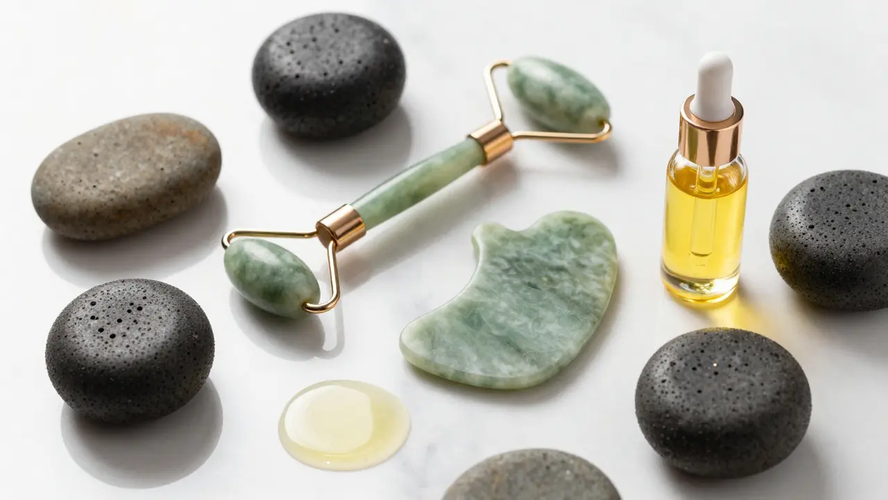 Sada nástrojů pro masáž obličeje včetně lávových kamenů, Gua Sha a pKvalitního oleje.