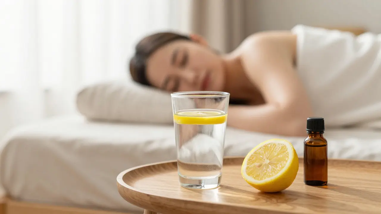 Sklenice vody s citronem a masážní olej v klidném domácím prostředí.