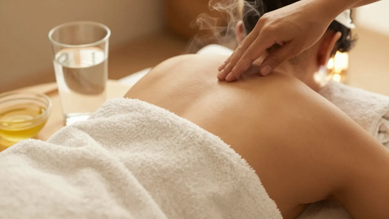 Teplý ručník na ramenech a sklenice vody pro relaxaci a hydrataci.