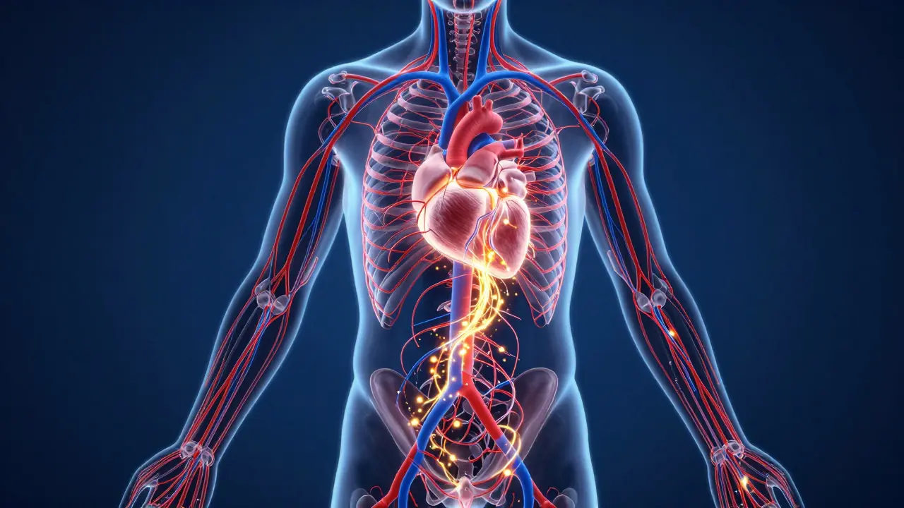 Vizualizace proudění krve a lymfy v těle směrem k srdci.