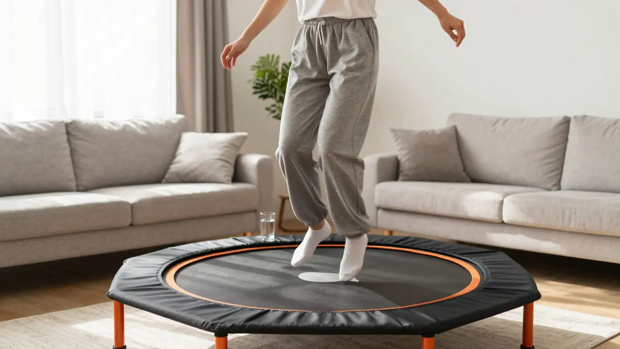 Člověk skáče na trampolíně ve světlém obýváku jako podpora lymfatického systému.