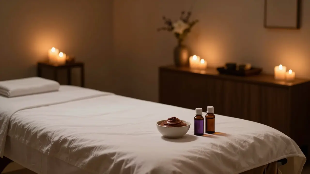 Klidná a čistá masážní místnost s aromaterapeutickými oleji.