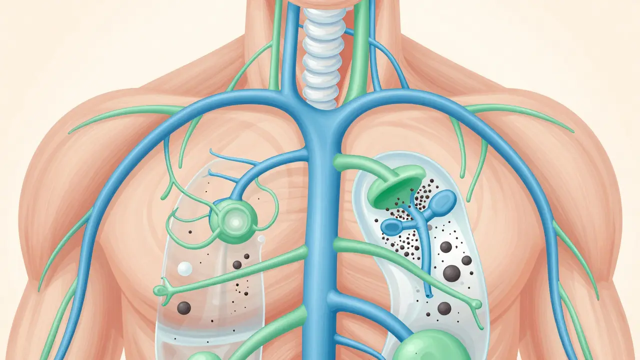 Abstraktní ilustrace lymfatického systému odstraňujícího toxiny z tkání