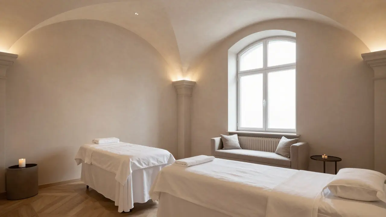 Elegantní a klidná místnost pro masáže s historickou architekturou
