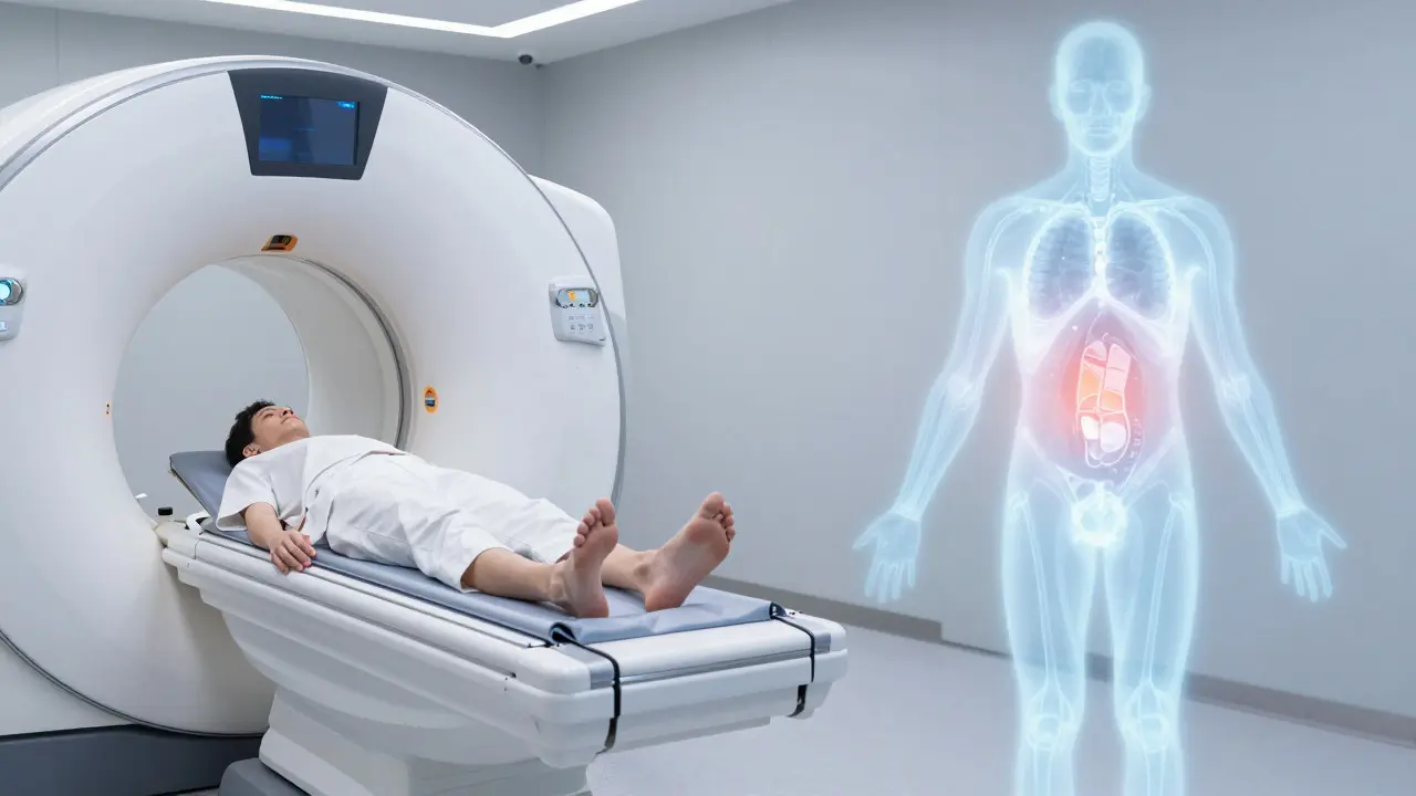 Pacient v CT nebo MRI přístroji pro diagnostiku metastáz
