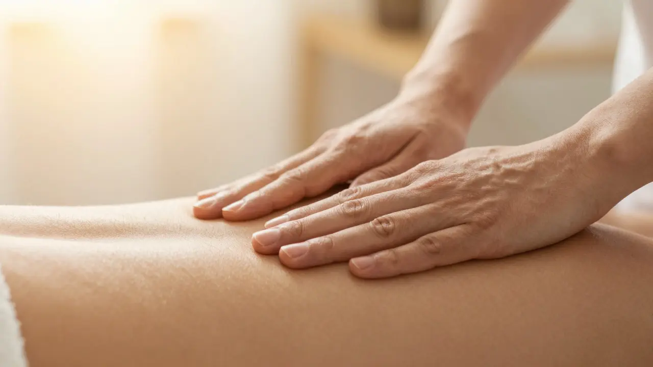 Záběr rukou terapeuta provádějících jemnou masáž nohy