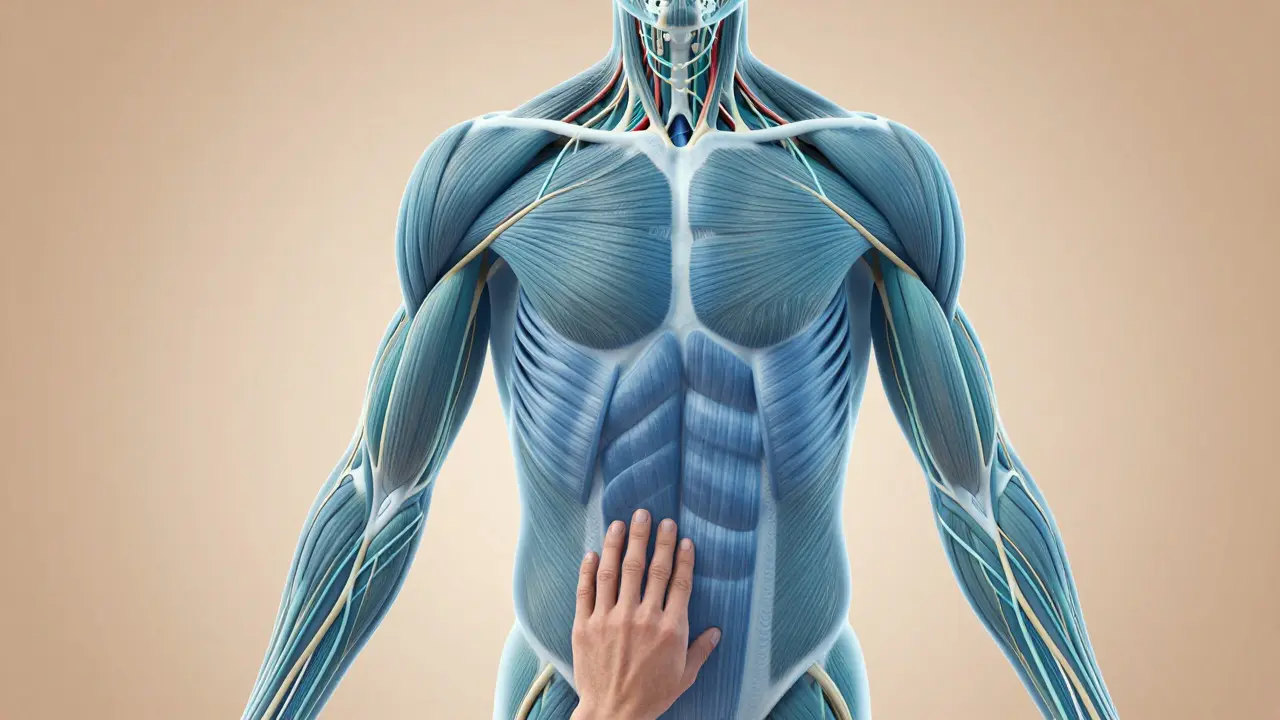Anatomická ilustrace uvolnění fascií a svalů při masáži