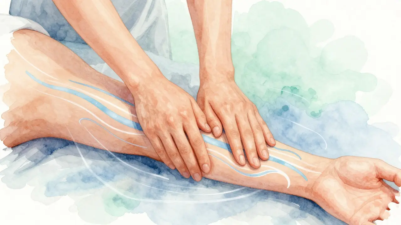 Ilustrace jemné masáže předloktí s vizuálními linkami znázorňujícími odtok lymfy