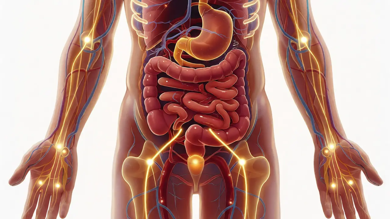 Anatomické znázornění meridiánů a akupresurních bodů na trávícím systému.