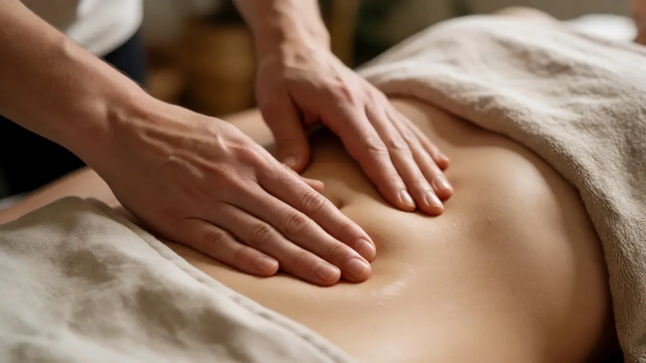 Detail rukou terapeuta provádějících jemnou břišní masáž