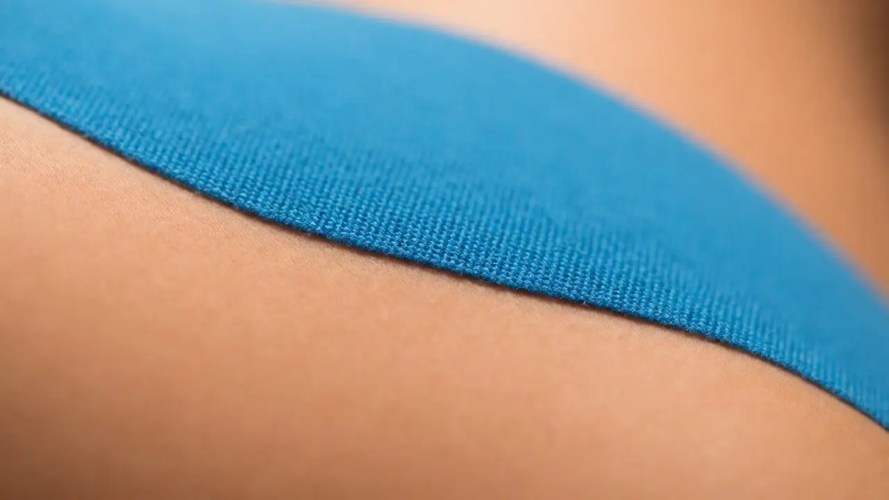 Detailní pohled na zvednutí kůže pod elastickou páskou tejpování.