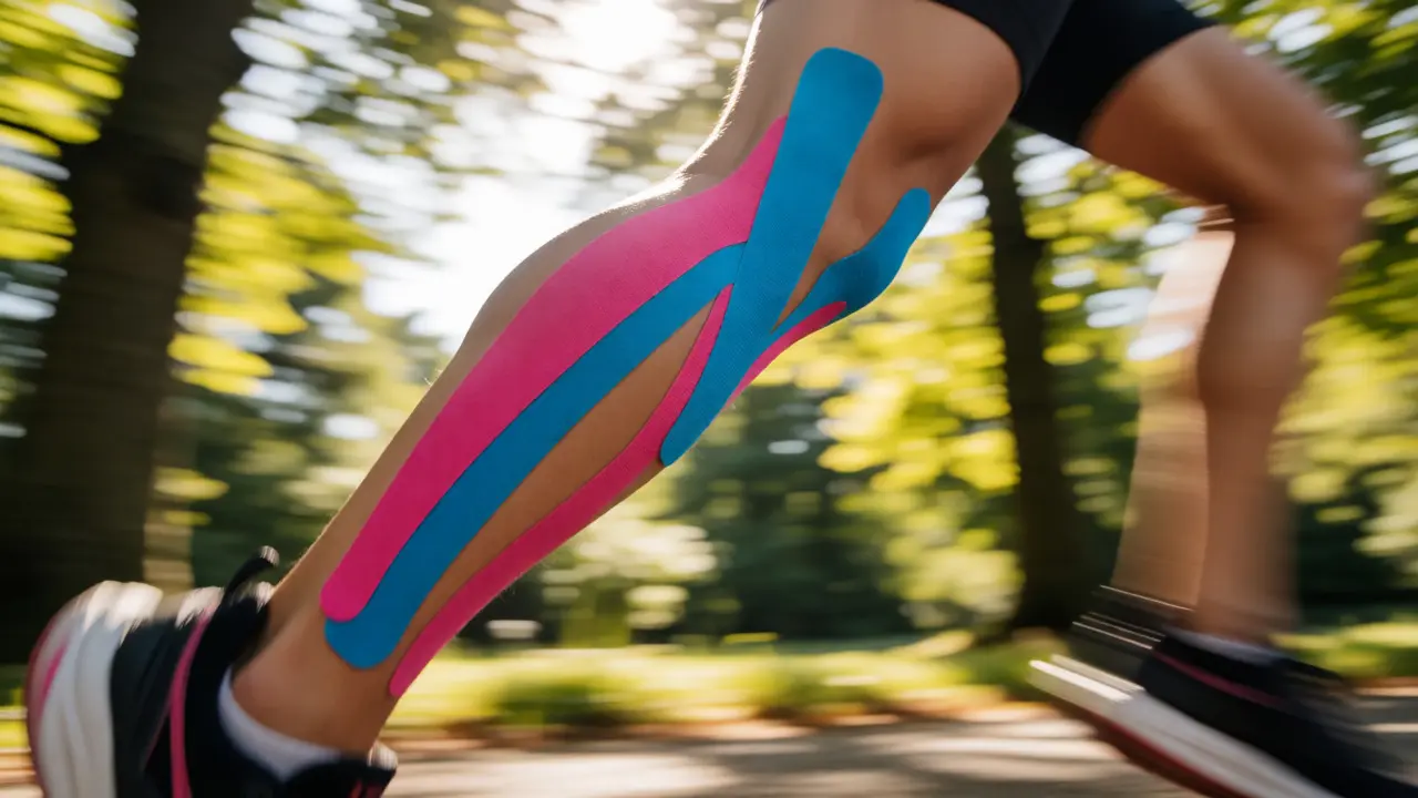 Sportovec s kinesiotapem na lýtku během běhu ve slunečním světle