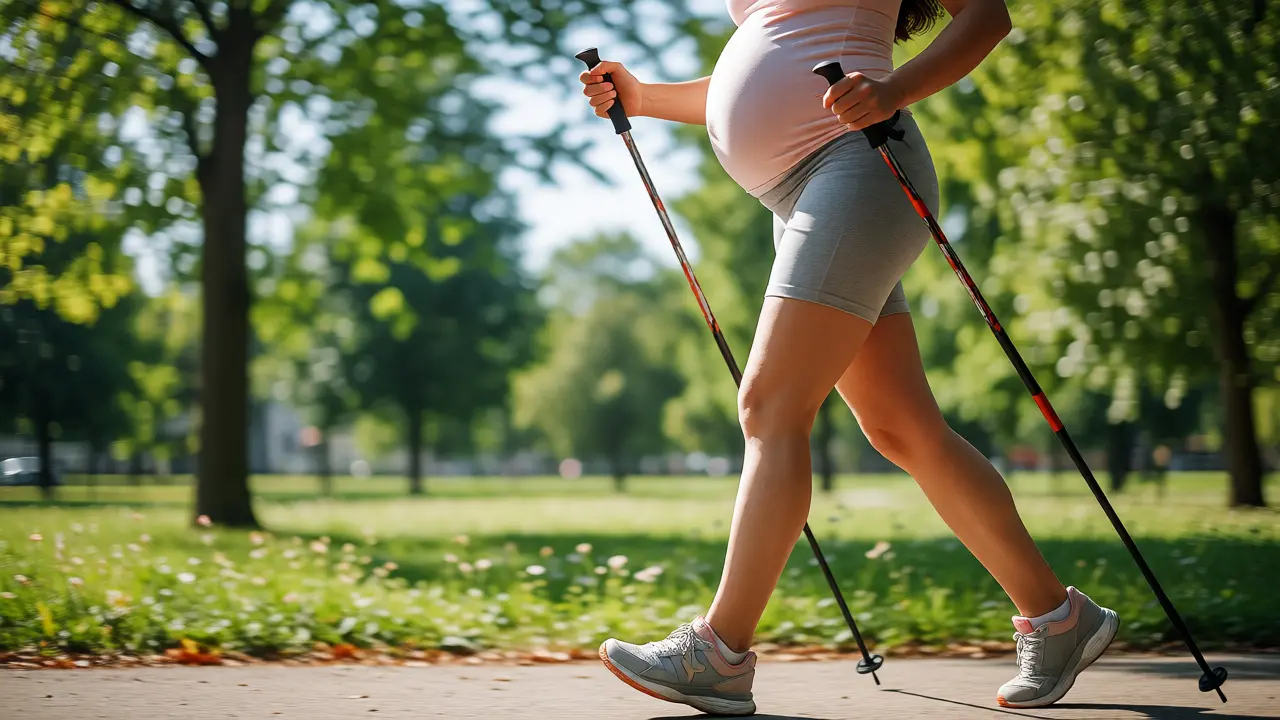 Aktivní těhotná žena procházející se s hůlkami v parku za slunečného dne.