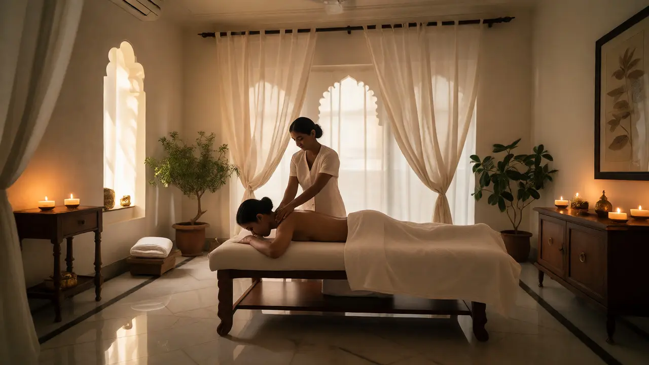 Interiér wellness centra s klientem na masážním stole a teréapeutem