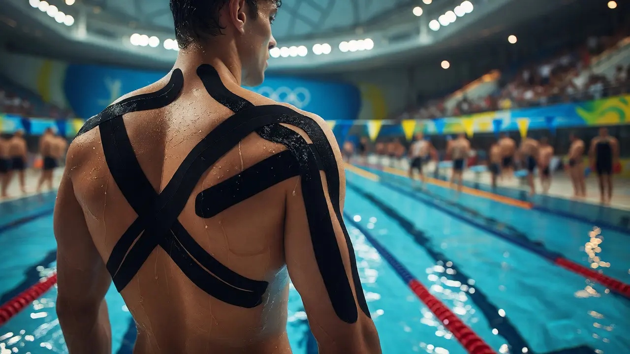 Plavec s černými kinesiologickými náplastmi u bazénu na olympiádě